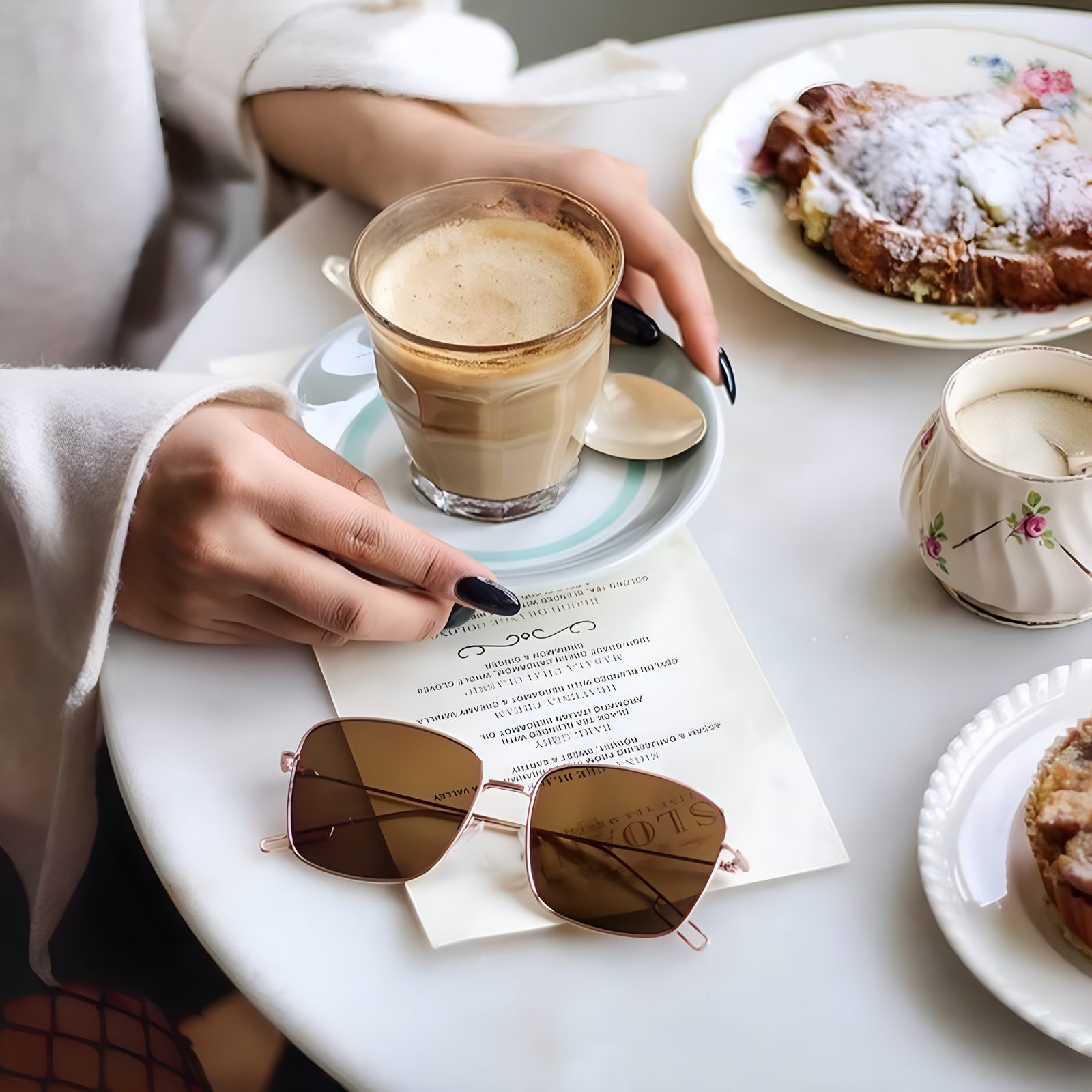 Person holding a glass of coffee with pastries on a table