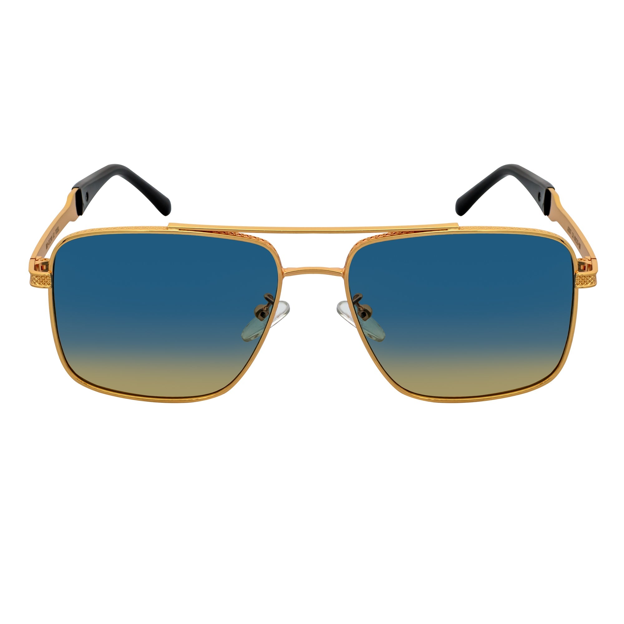 TOSHI - Premium Square Metal Flat Top Aviator Sunglasses Gold Blue - Tan Fade