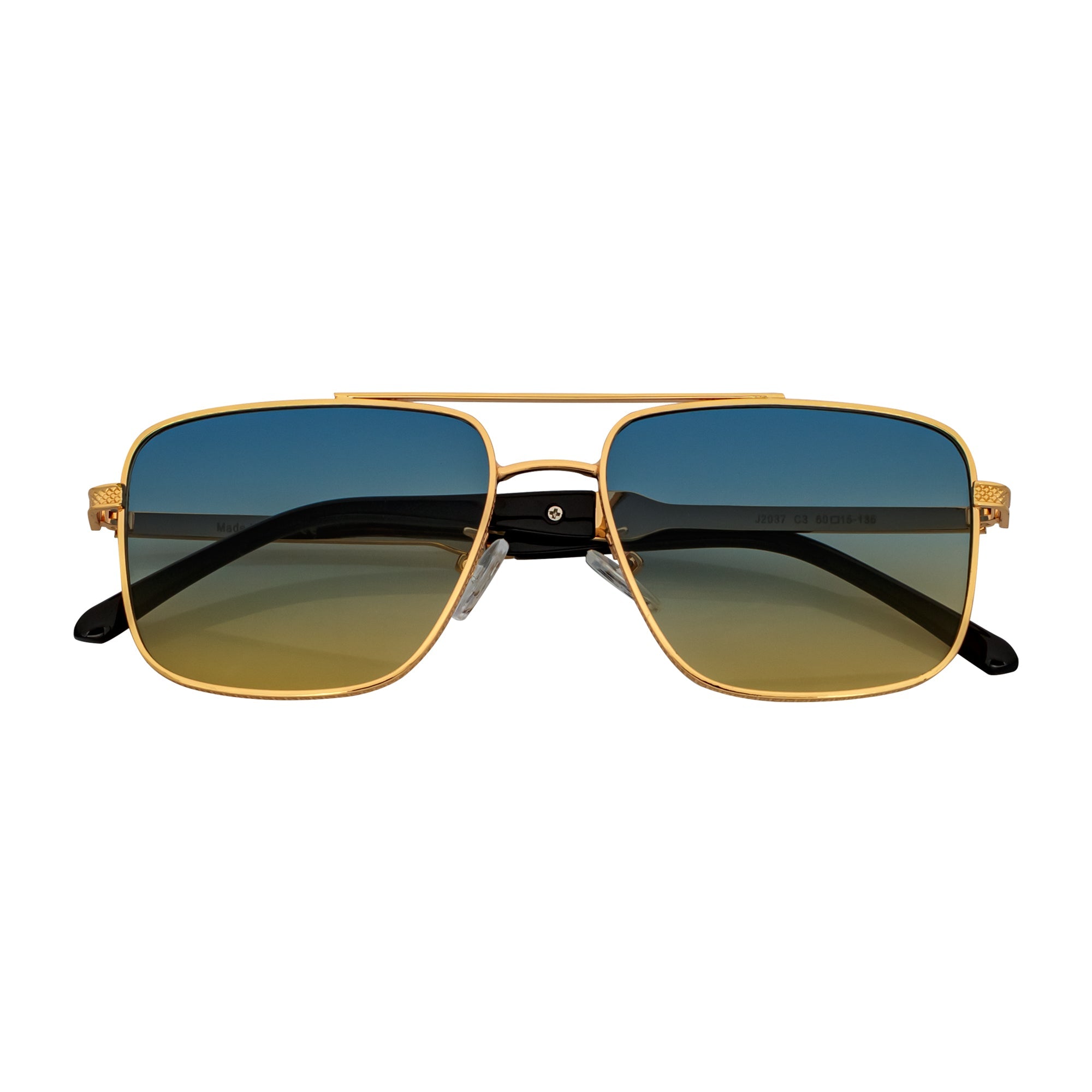 TOSHI - Premium Square Metal Flat Top Aviator Sunglasses Gold Blue - Tan Fade