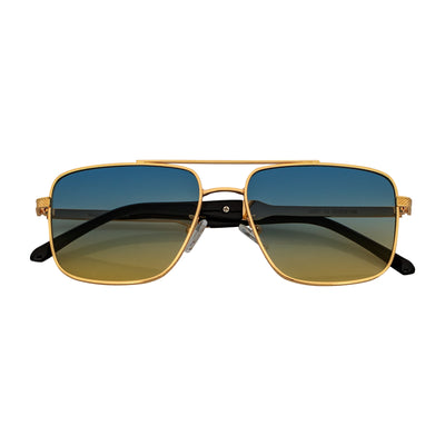 TOSHI - Premium Square Metal Flat Top Aviator Sunglasses Gold Blue - Tan Fade
