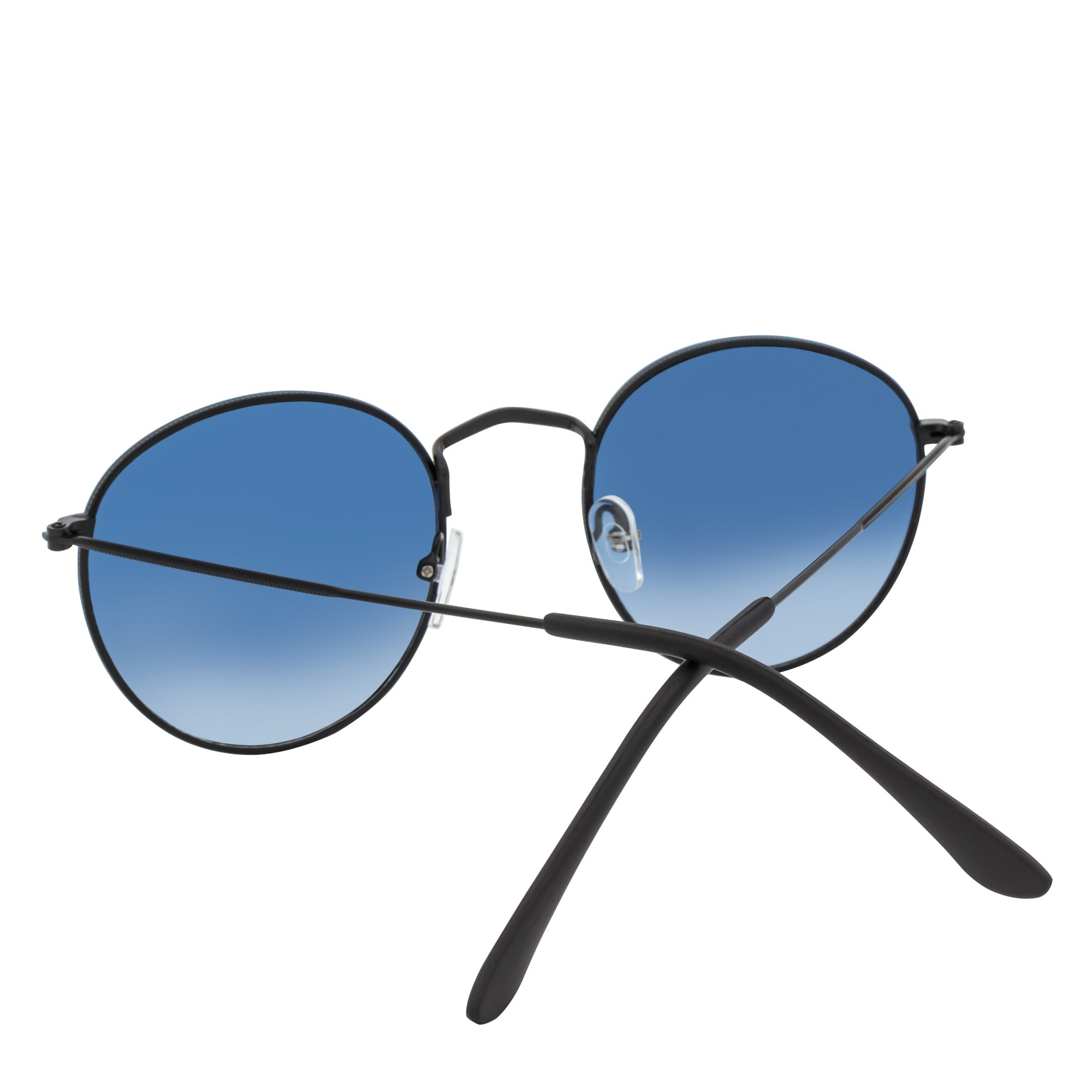 VAGABOND - Retro Classic Small Metal Round Sunglasses Black Blue Tint