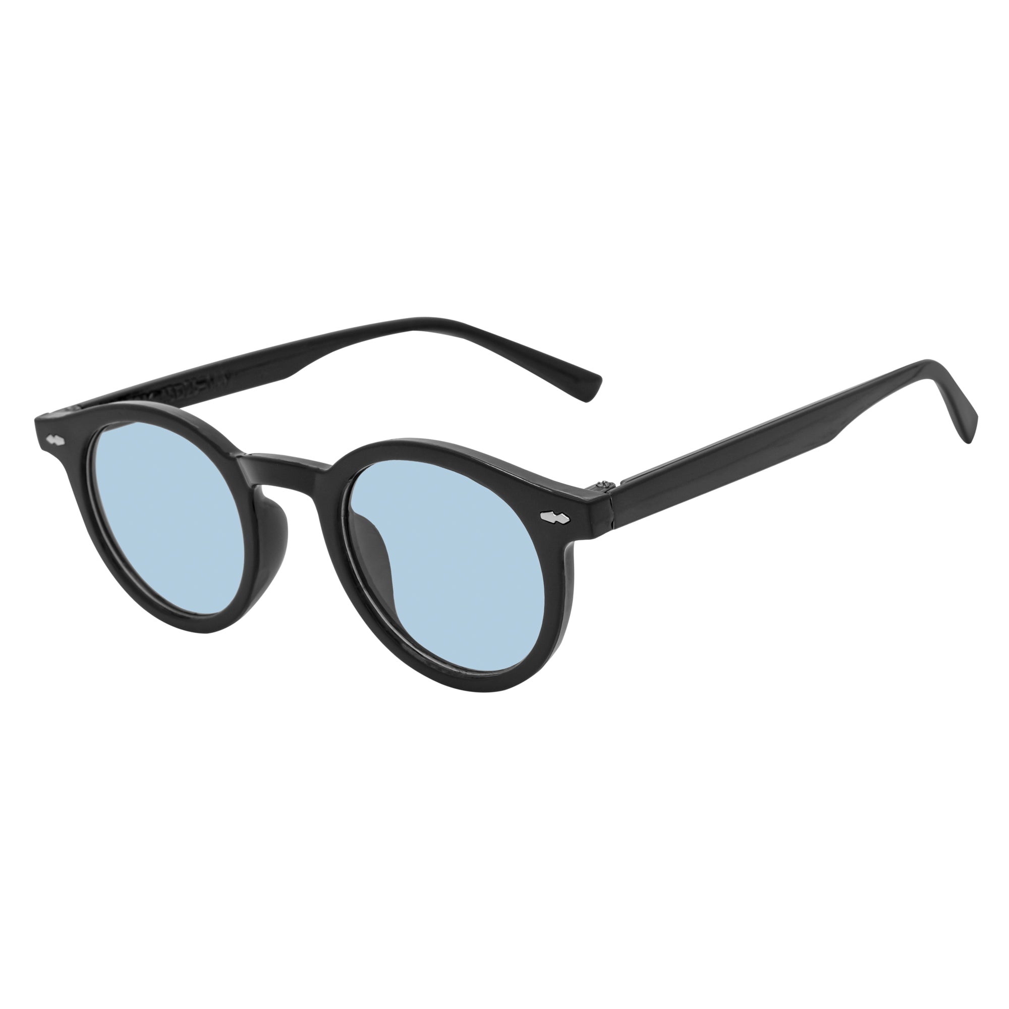 VIBES - Color Tint Retro Small Round Sunglasses Black Blue Tint