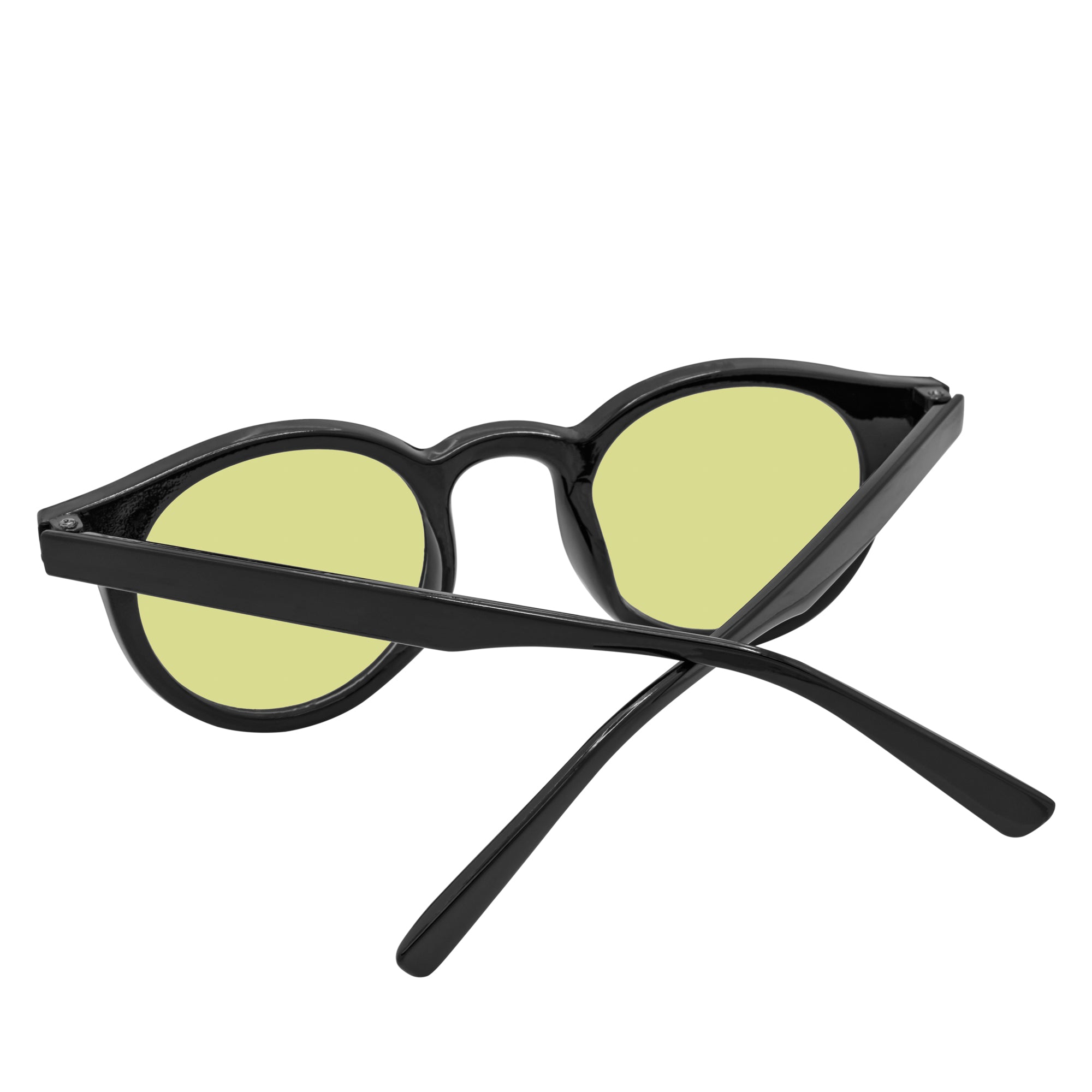 VIBES - Color Tint Retro Small Round Sunglasses Black Yellow Tint Lens