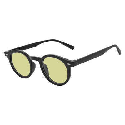 VIBES - Color Tint Retro Small Round Sunglasses Black Yellow Tint Lens