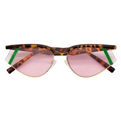 WILSHIRE - Rimless Cat Eye Sunglasses Tortoise-Green Frame Pink Lens