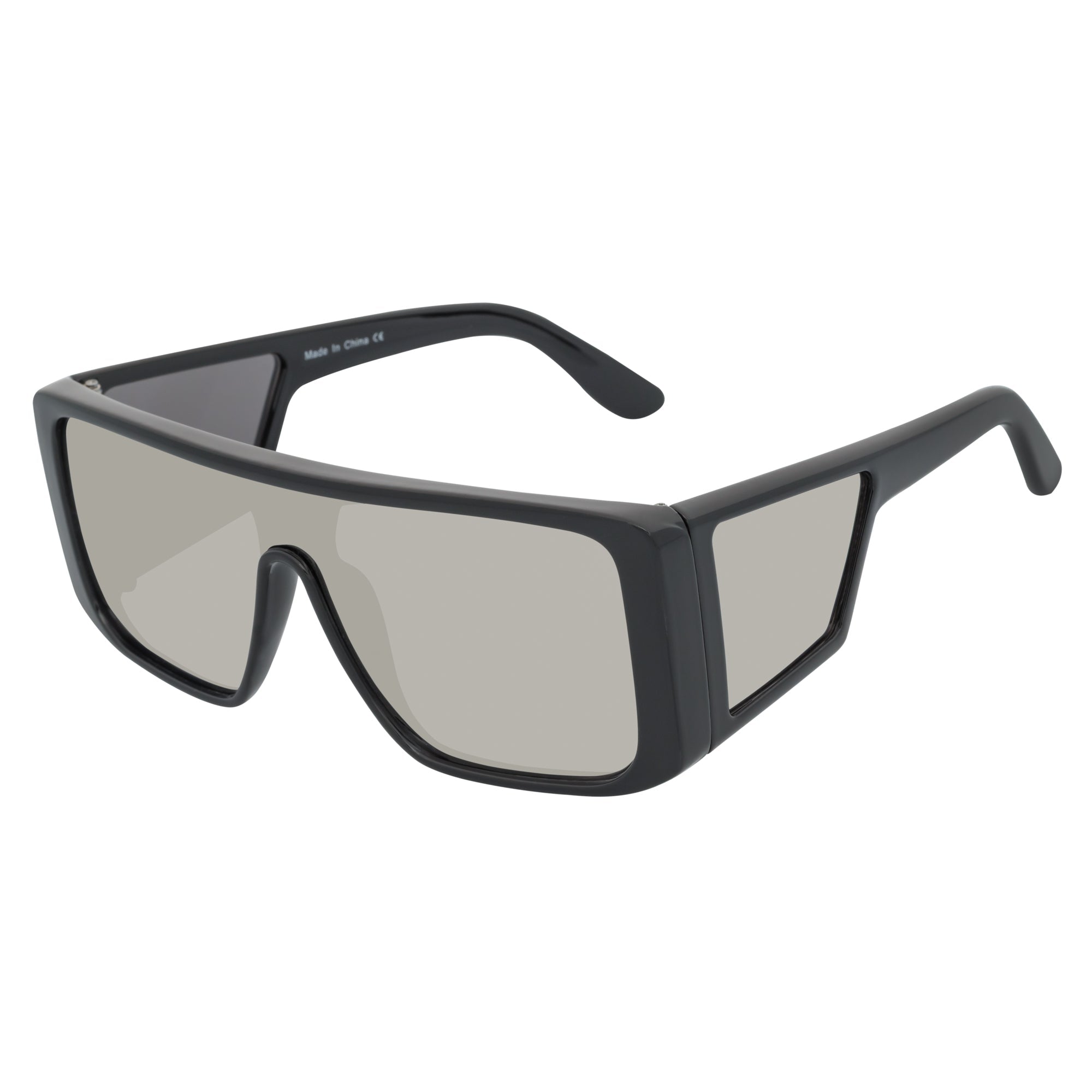 WINDOW - Large Shield Side Cover Square Sunglasses Black Silver Mirror