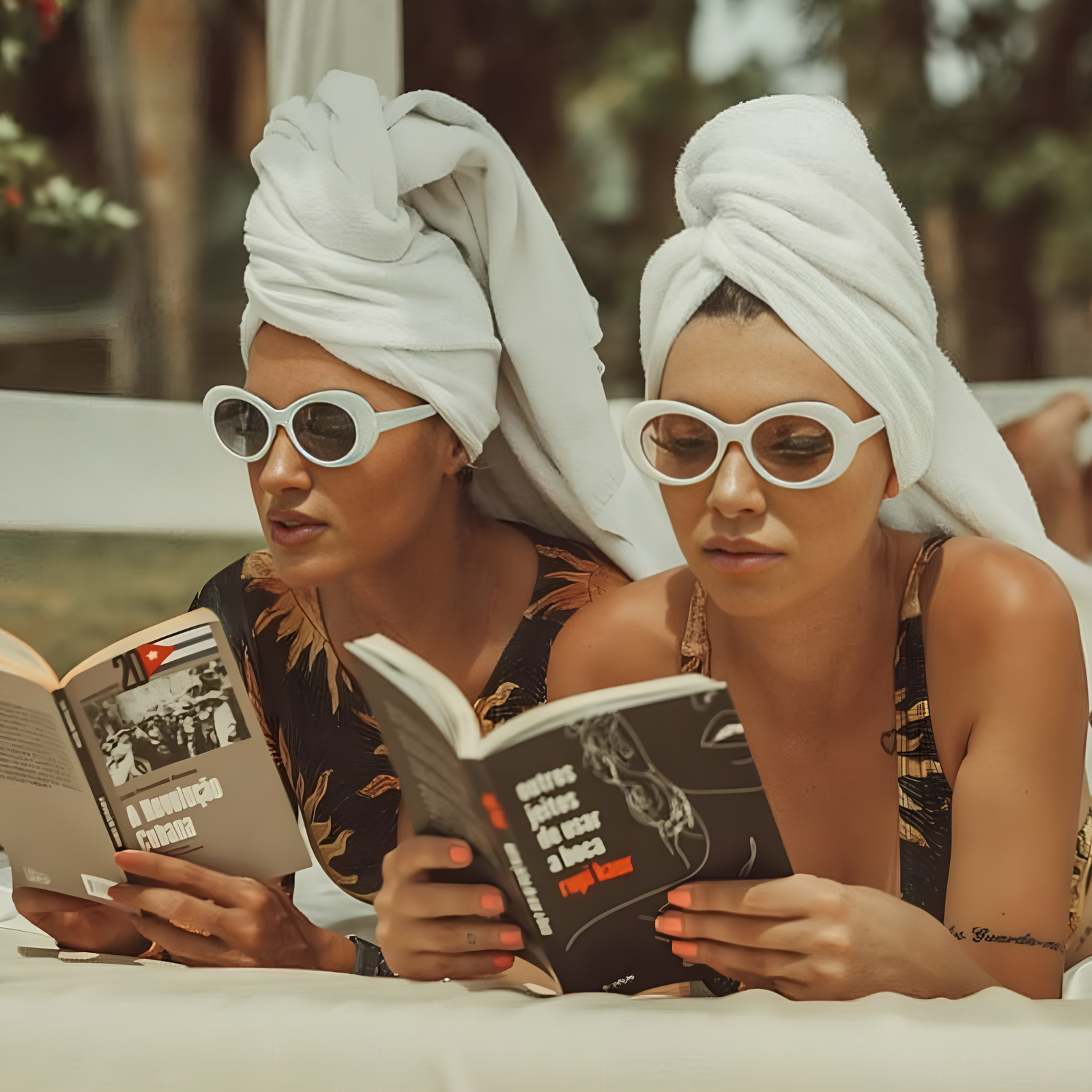 Two women with towels on their heads reading books outdoors.